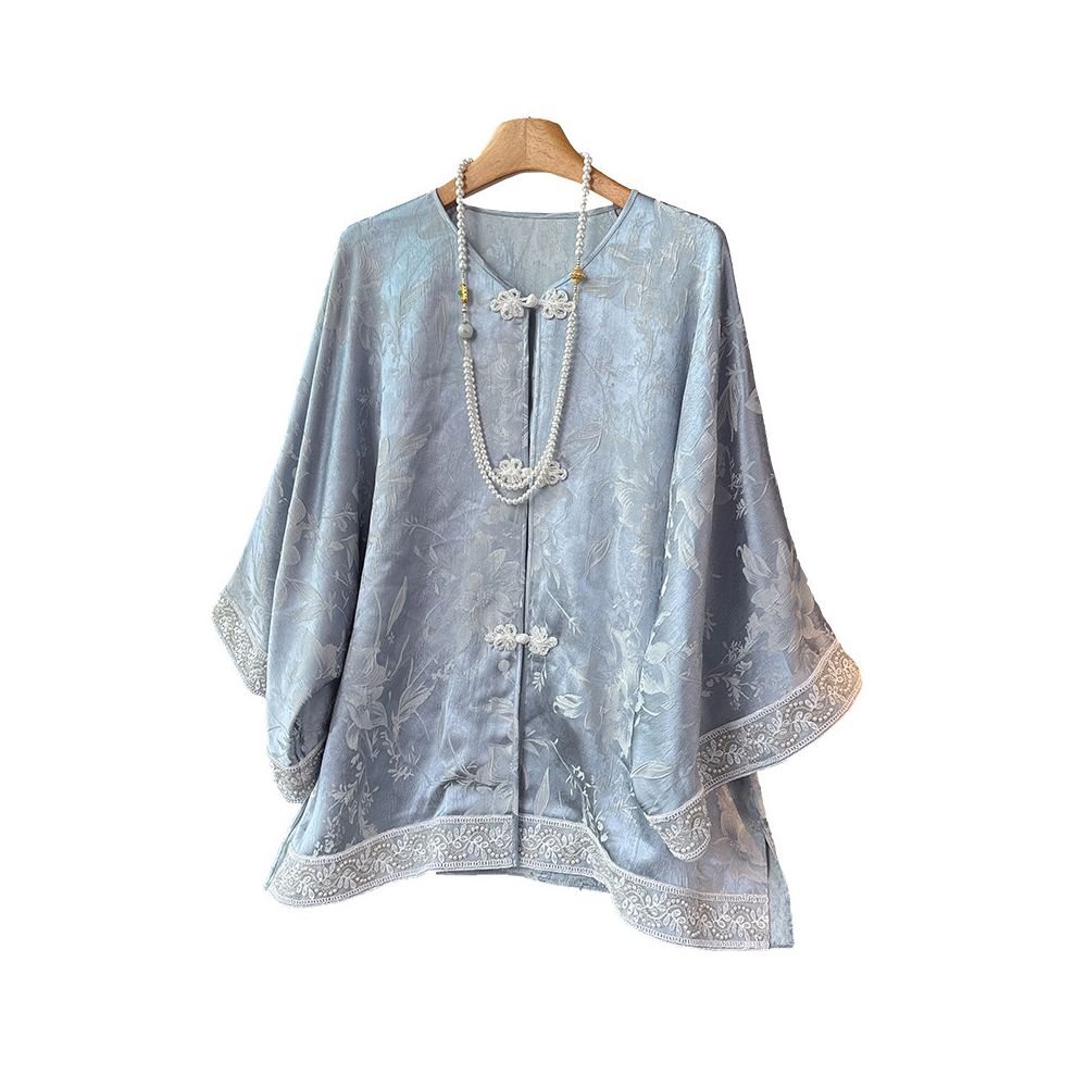 New Chinese style silk jacquard casual jacket women s original design round neck retro buckle loose slimming Chinese style shirt image 5