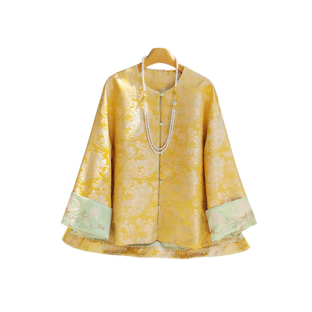 New Chinese style Chinese style Song Jin round neck buttoned jacket female original design yellow retro western style casual loose top image 5