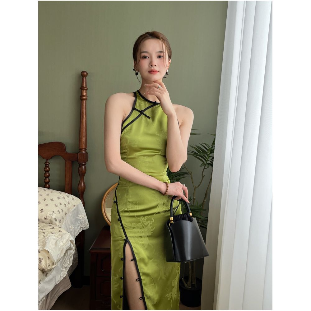 Journeyj Original Innovative Chinese Bamboo Leaf Green Western Dress Retro Cheongsam Improved Young Satin Strap Skirt image 5