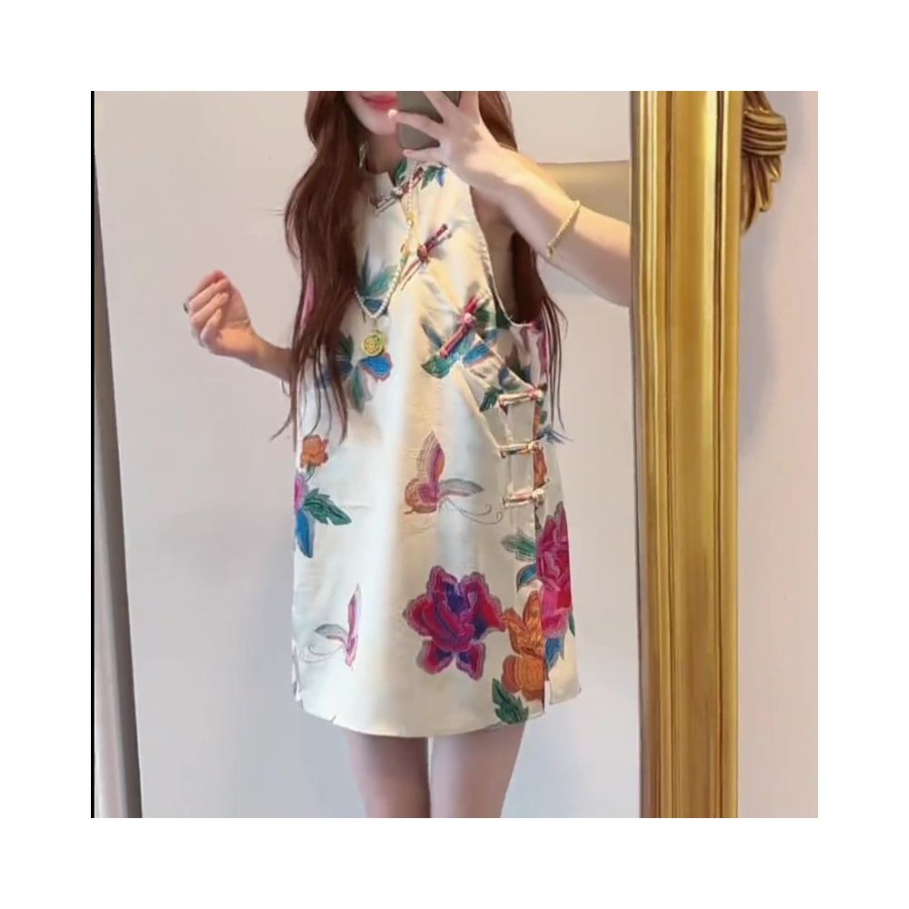 New Chinese style high end acetic acid sleeveless women s summer 2025 new loose and comfortable slit printed large sized top image 1