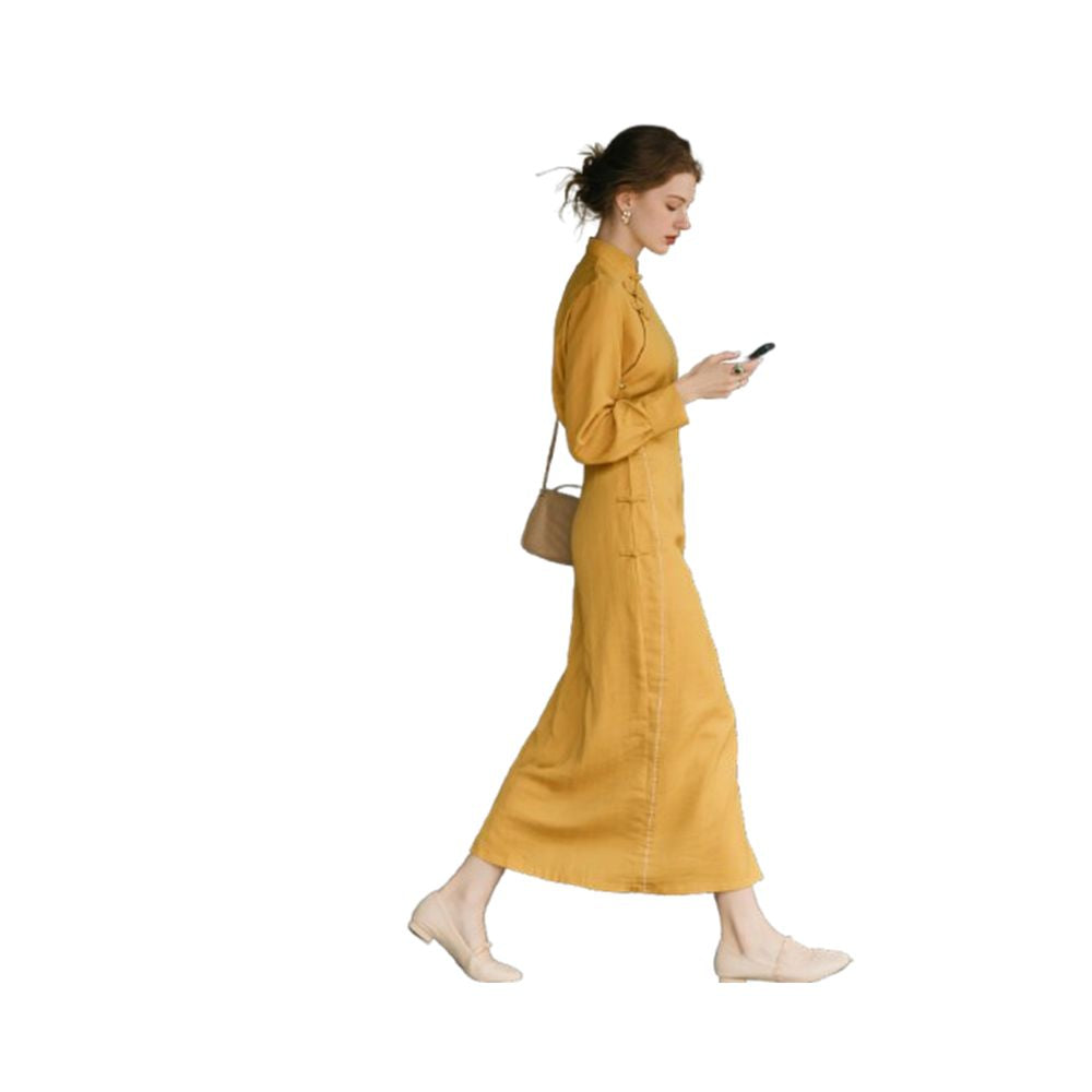 New Chinese style Chinese style unique and super beautiful temperament elegant 2025 autumn yellow long sleeved buckle waist cinched dress for women image 5