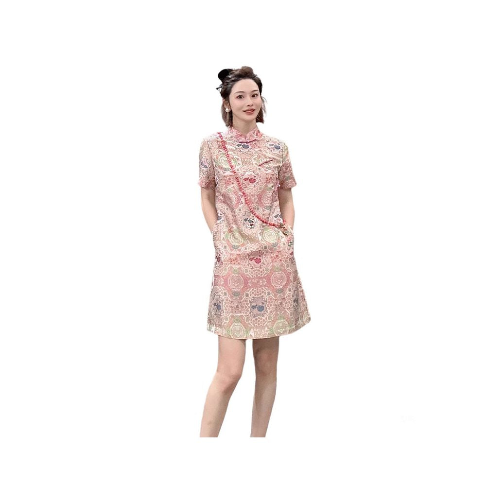 Summer women s clothing 2025 new small skirt new Chinese style improved cheongsam pink Song brocade dress for women image 5
