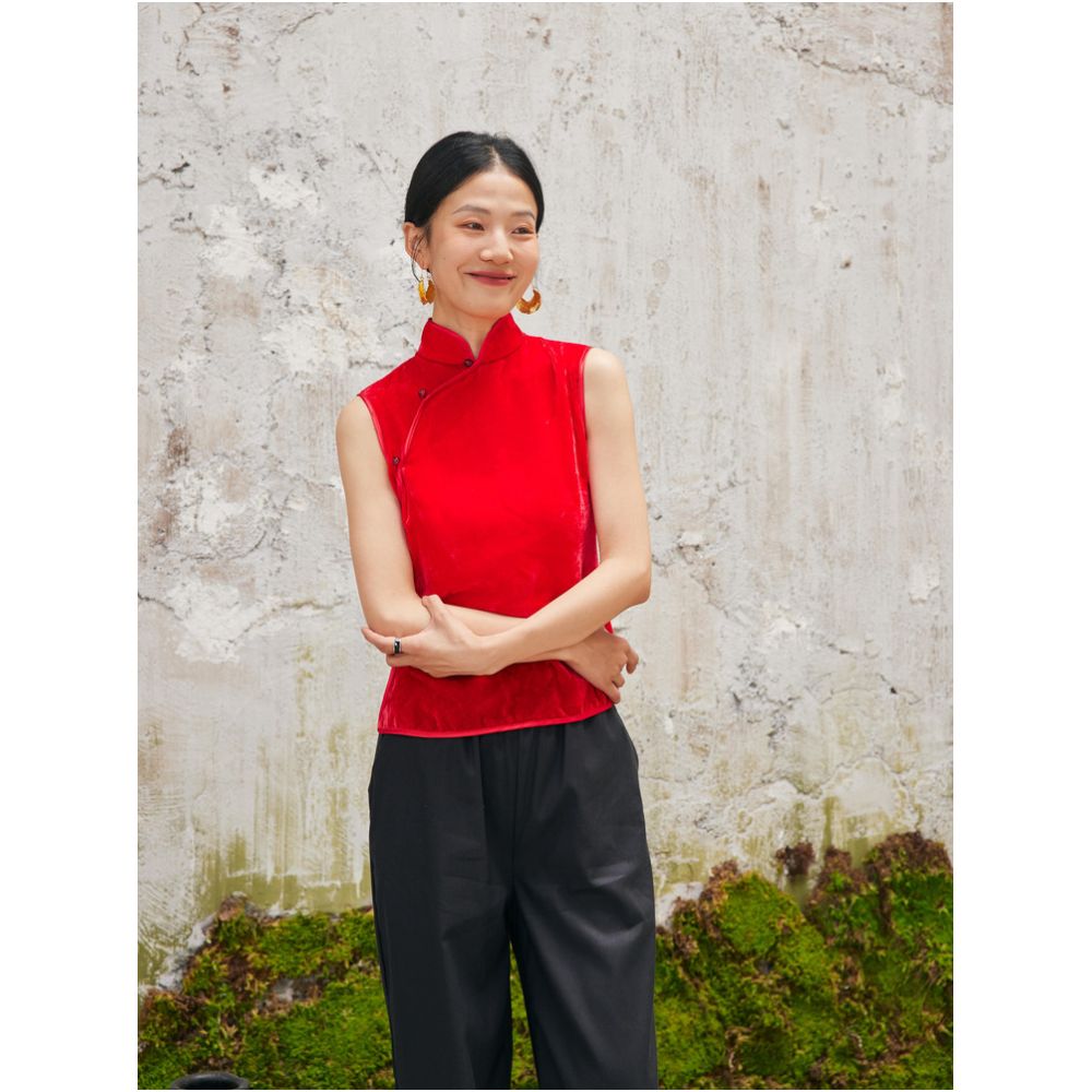 TAORAN women s ethnic style velvet sleeveless top women s standing collar red vest young cheongsam shirt image 4