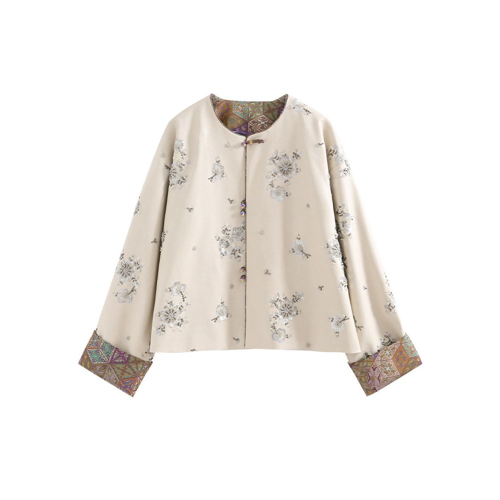 Know anytime anywhere 丨 Tibetan brocade fabric 丨 New Chinese handmade nail bead embroidered leather jacket for women image 5