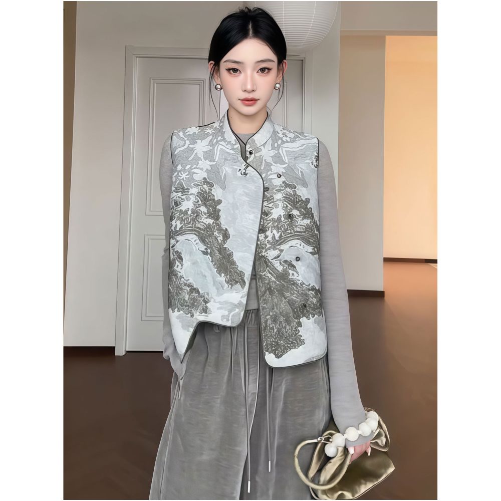 Chinese style buckle jacquard layered sleeveless vest women s autumn and winter plus size slightly chubby slim fit ink painting stand up collar top image 1