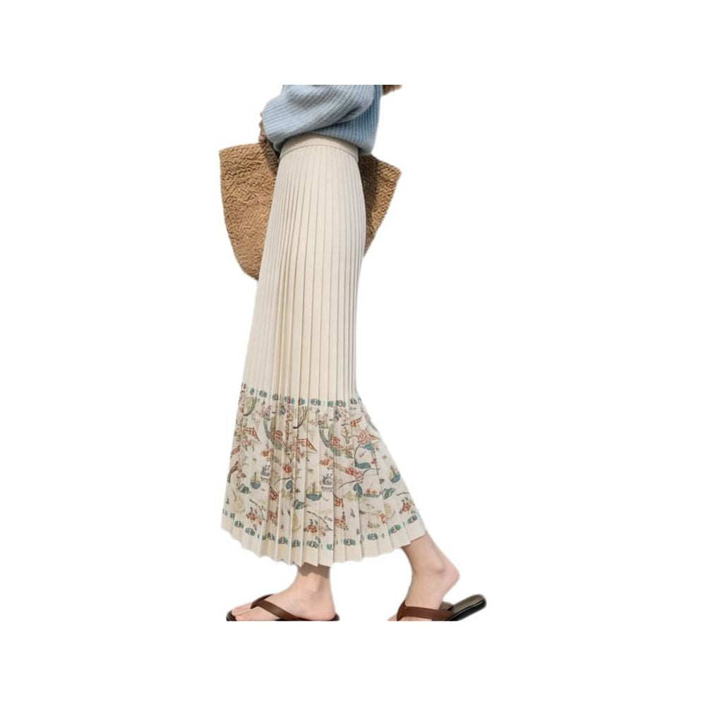 Spot rice white Chinese style pleated skirt with retro Chinese pattern printing hanging pleated hem covering commuting style image 5