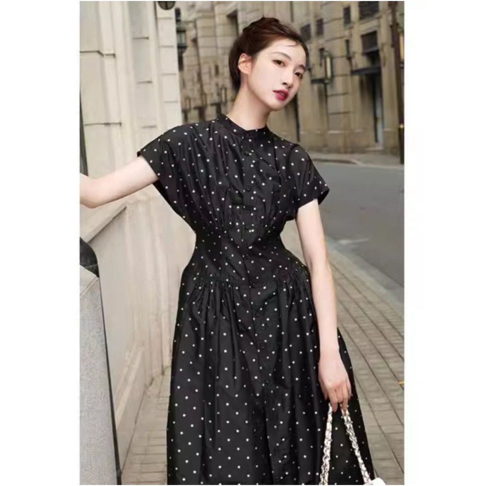 2025 new French style Kikyo Hepburn style small black dress with high end black polka dot dress for women s summer long dress image 4
