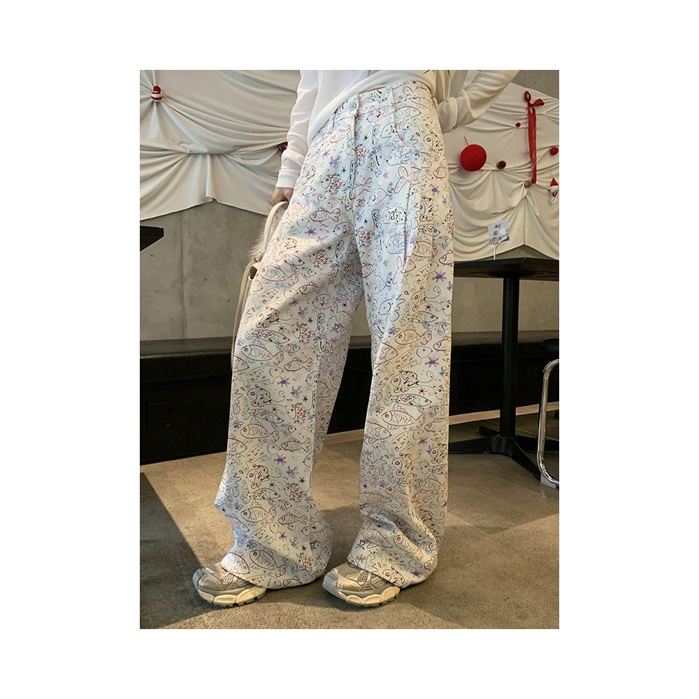 Gao Ding 25ps autumn and winter sweet cool small fragrance relaxed straight leg wide leg pants with fish graffiti print denim pants image 5