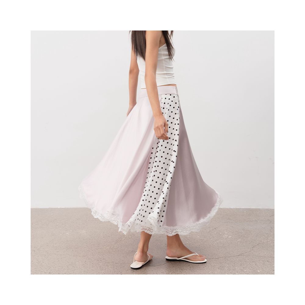 JCAESAR WOMEN polka dot patchwork lace long skirt satin fabric side double zipper reversible waist head image 5