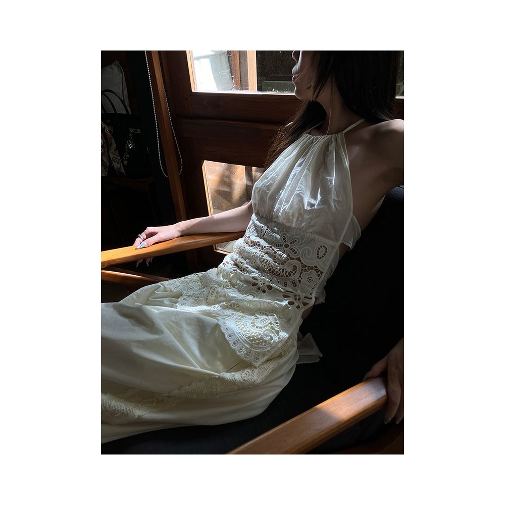 Deplumer Mist Moon White Hollow Embroidered Hanging Neck Tank Top Strap Pants Children s 25 Summer New Collection image 5