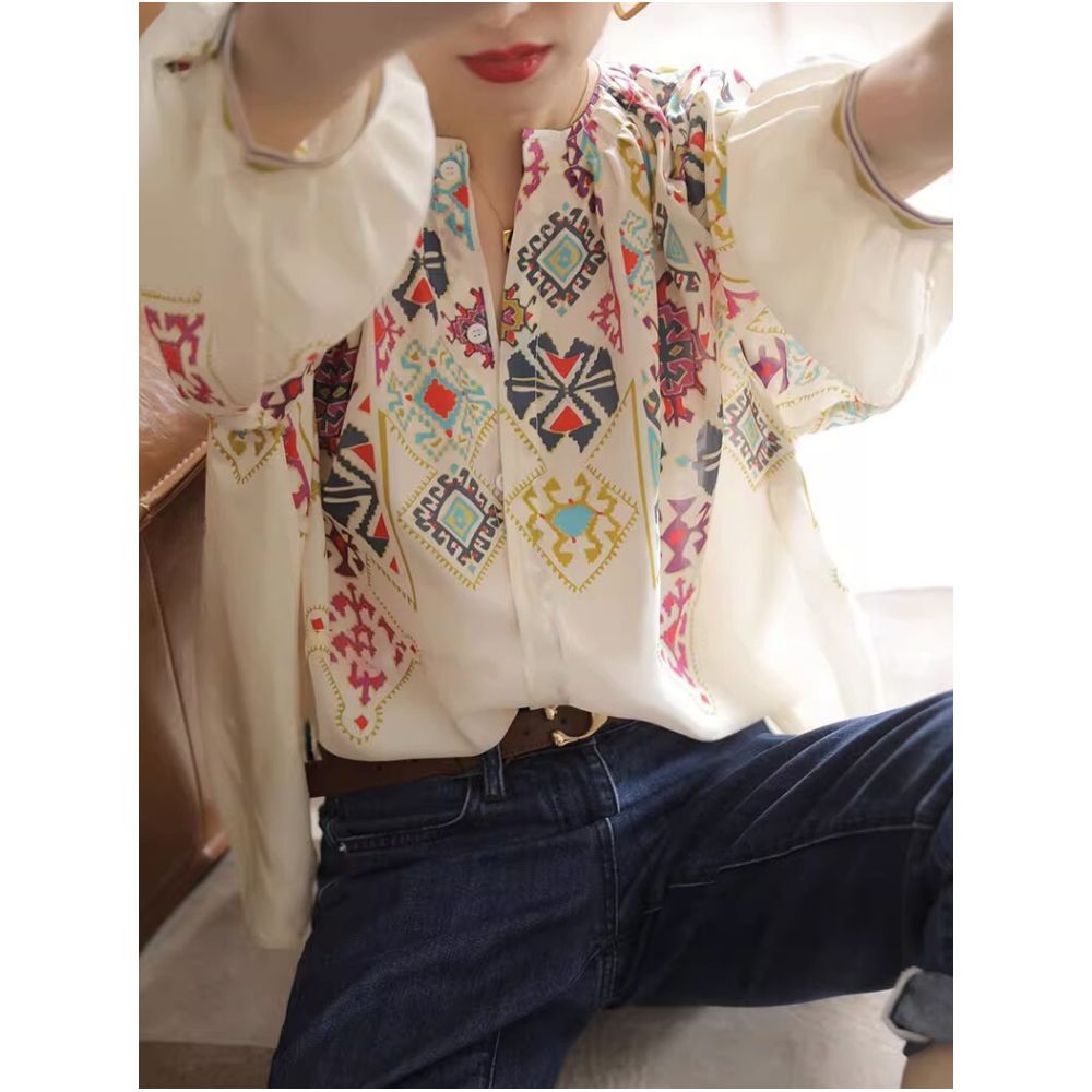 French Rixo Rane comfortable chiffon silk V neck seven quarter sleeved shirt women s summer loose and fashionable printed shirt image 3