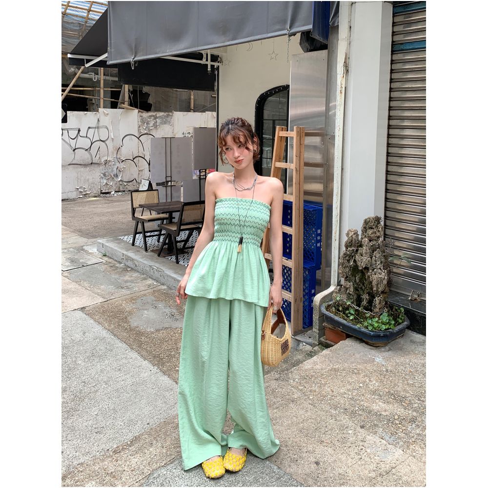 DULA Good Home Light Green Sexy Strapless Vest with Skirt for Women Summer Set with Casual Wide Leg Pants image 4