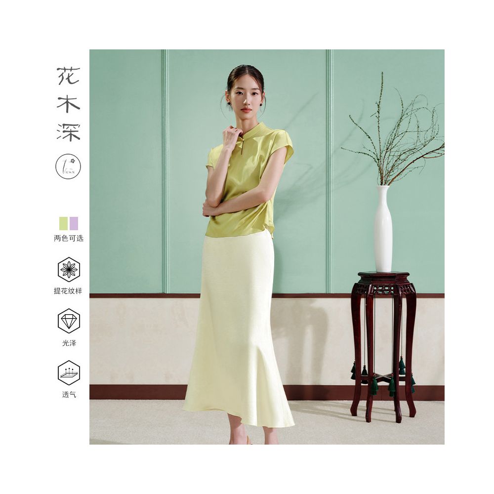 Guo Xiaoting s Same Style Flower and Tree Deep Mulberry Silk Short sleeved T shirt Women s Water Drop Collar Cheongsam Top Celebrity Same Style Store image 5
