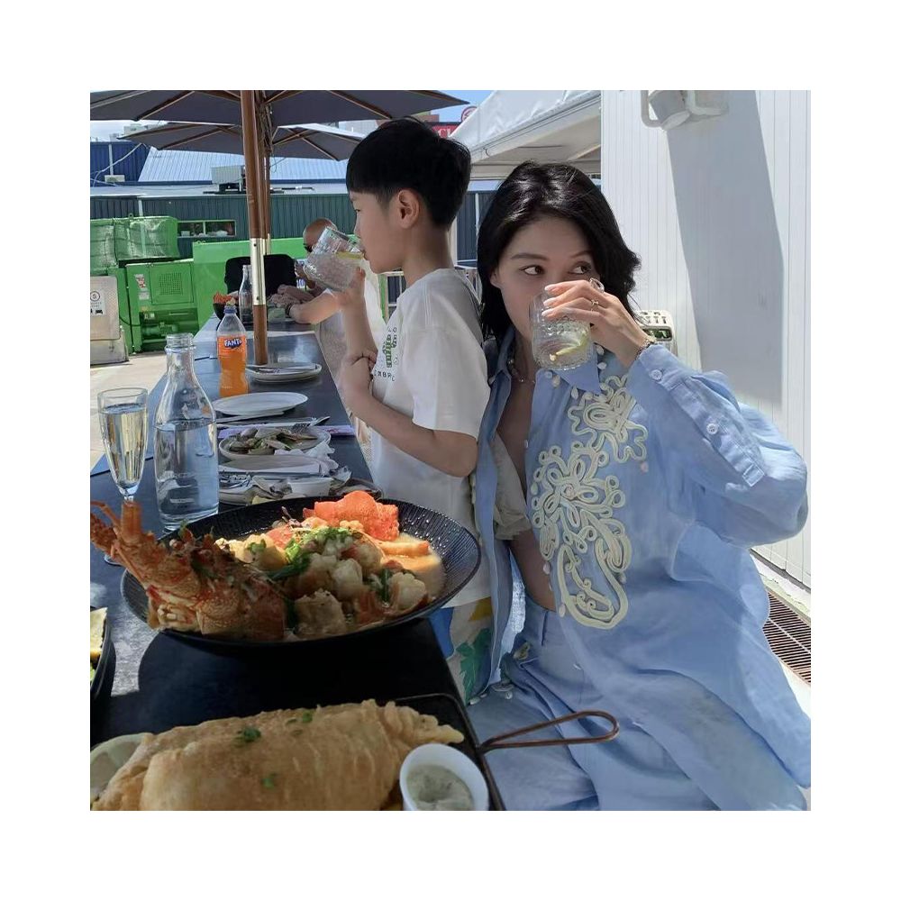 European style high end unique embroidered blue linen cotton shirt and wide leg pants two piece set for women spring 2026 image 5