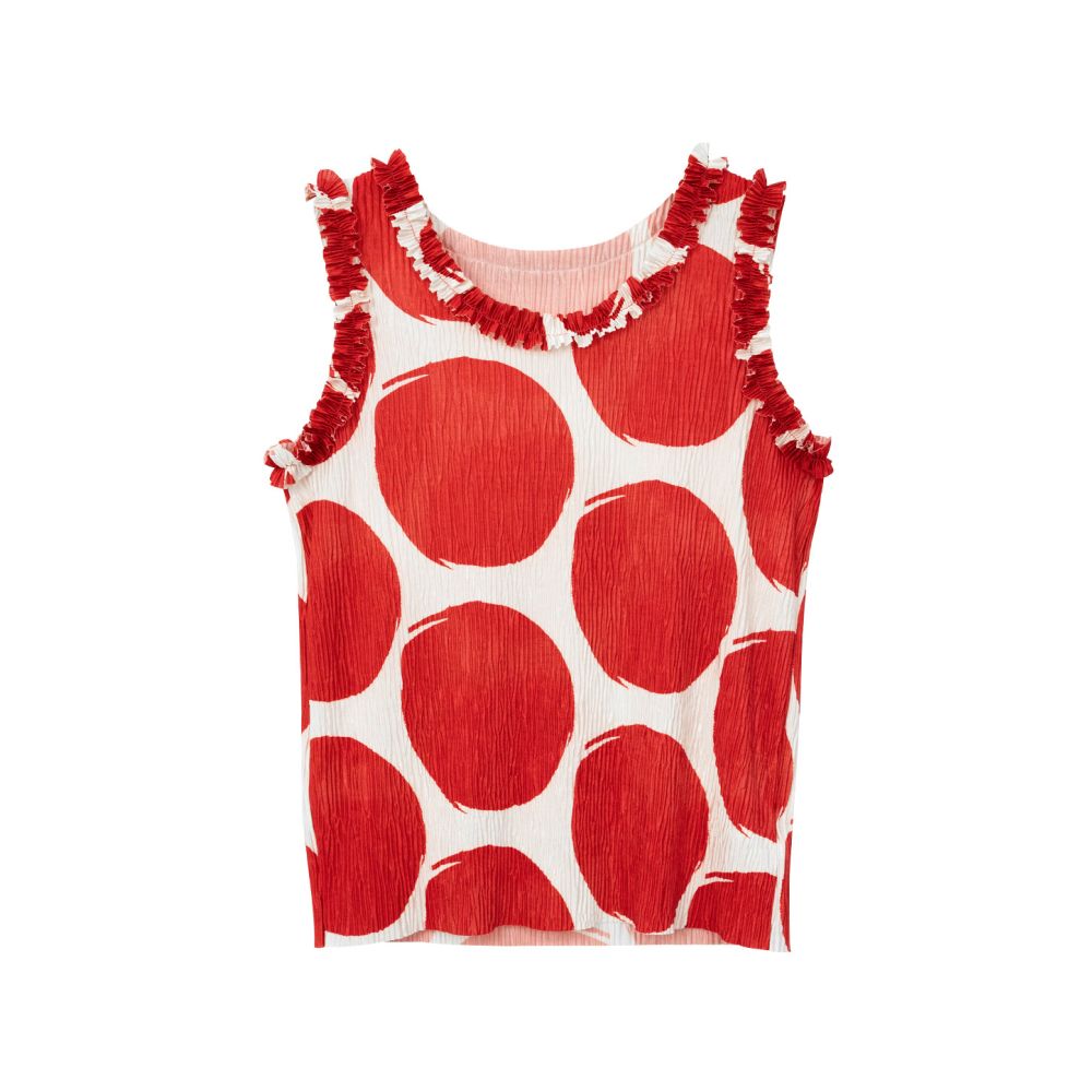 imakokoni Original 2026 Summer Artistic Polka Dot Crinkled Red Vest with Lace Trim Sleeveless Top for Women image 4