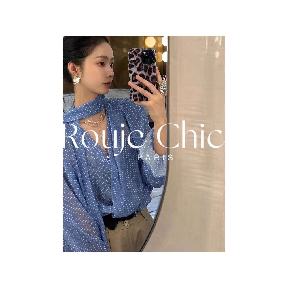 French Rouje Chic Spring Style Blue V neck Polka Dot Shirt for Women French Loose Fit Casual and Versatile Top image 4