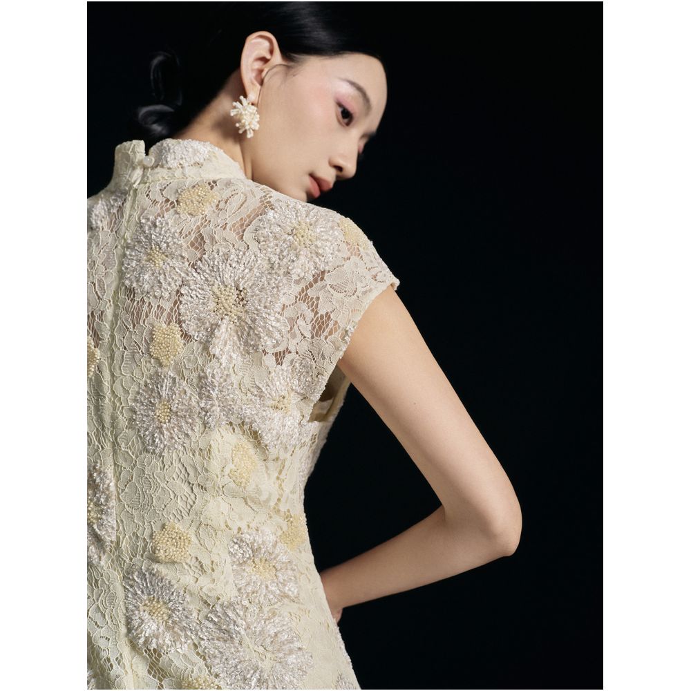 Nian Twelve Orchid Sequence Lace Sequin Embroidered V Neck Dress Sleeveless New Chinese Style White Chalcedony Button Long Dress image 4