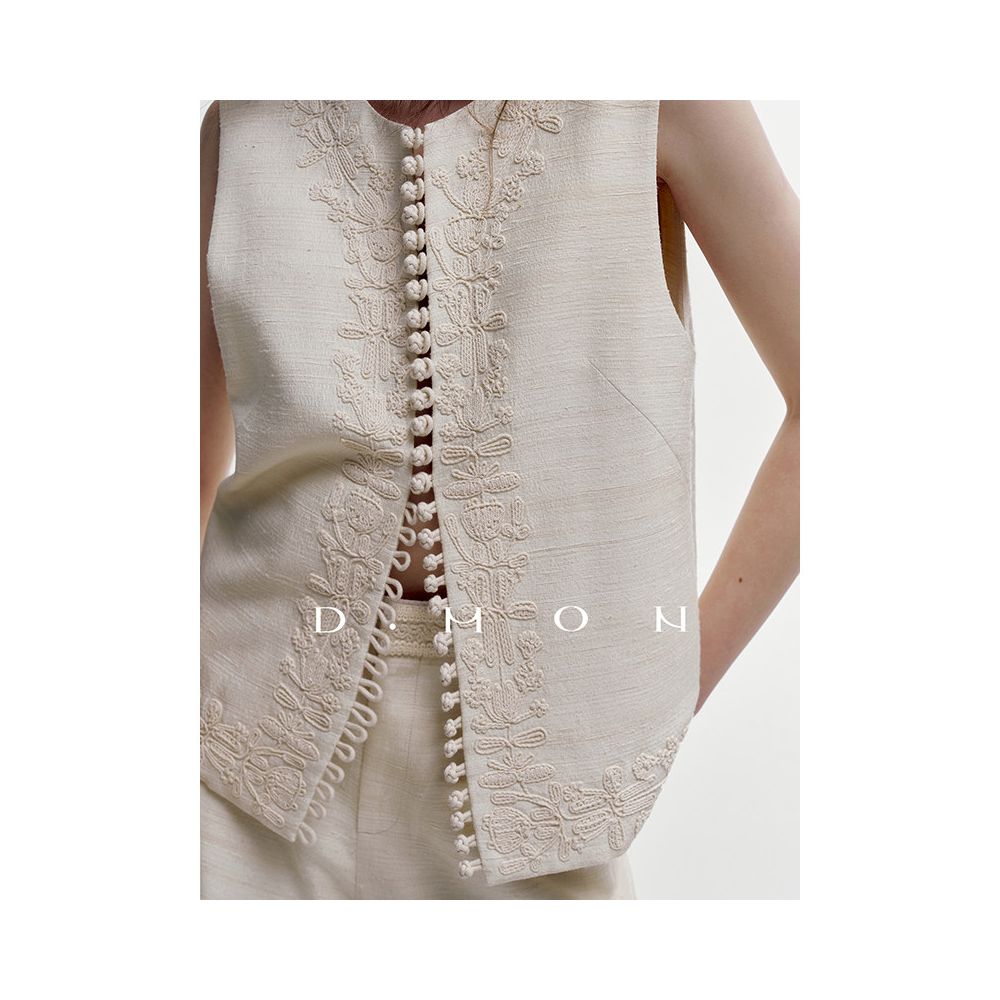 DMON Luxury Quality 100 Tussah Silk Handmade Buckle 3D Embroidered Old Money Vest Shorts Set image 5