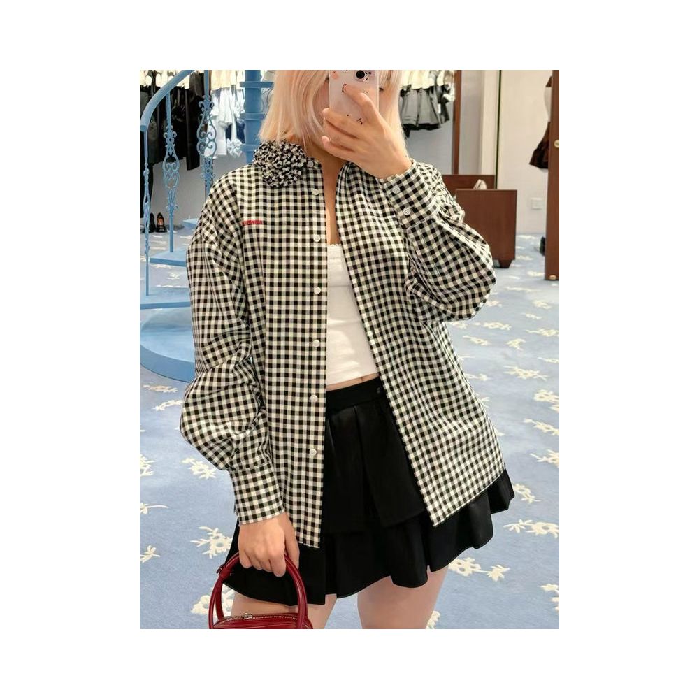 High quality SST sweet and preppy style loose fitting movable long sleeved shirt with 3D floral embellishments image 4