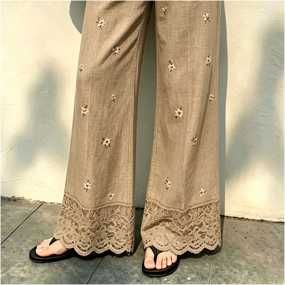 Khaki lace trimmed jacquard linen pants for women new summer 2026 style sophisticated fashionable versatile wide leg pants image 5