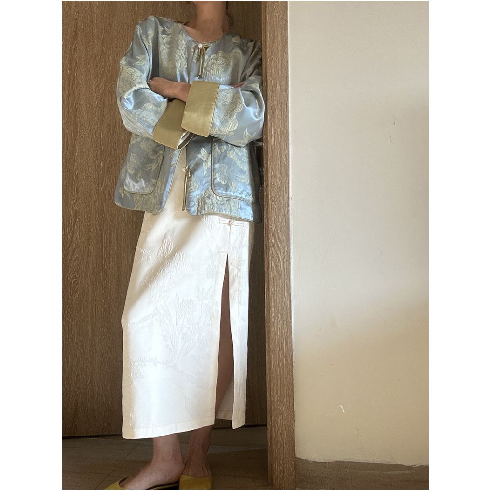 BLUE Y New Chinese Style Silk Jacquard Button Top for Women Spring and Autumn New Arrival High End Round Neck Mid Length image 2