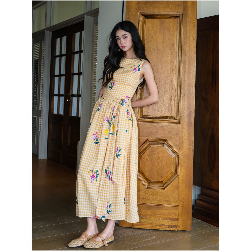 LAZYZ Retro Heavy Embroidery Floral Sleeveless Dress for Women Summer 2026 New Style Tie Waist Fitted Resort Maxi Dress image 2