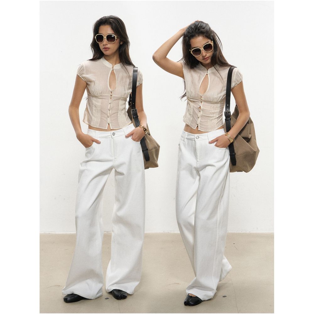 CTheMoon French Tencel Resort Style Retro Pearl Button Stand Collar Hollowed out Top and A line Skirt Two Piece Set image 2