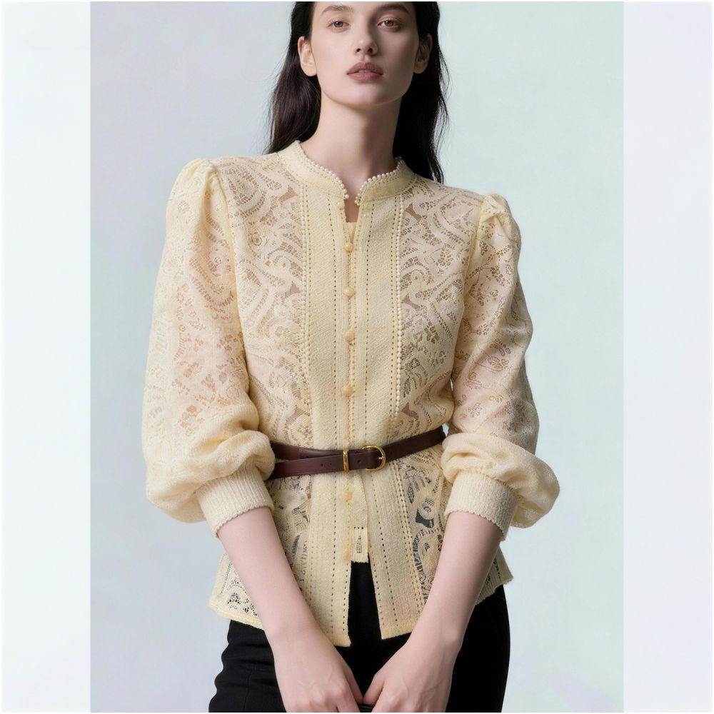 Unique and stunning pale yellow lace puff sleeve stand collar openwork embroidery fitted waist French style blouse for women perfect for Spring 2026 image 2