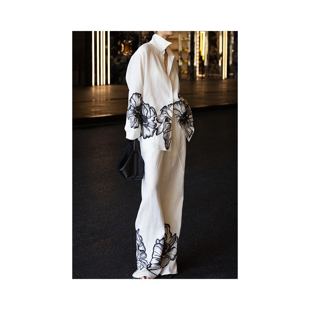 Chanel inspired stylish two piece suit for women autumn look elegant and sophisticated high end European style white linen shirt and wide leg pants image 2