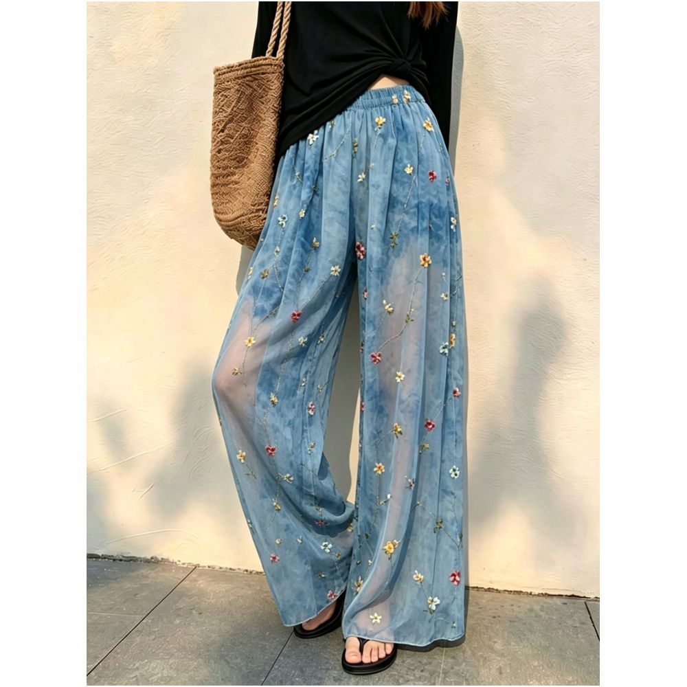 Thin and breathable blue tie dye casual pants for women new summer 2026 style loose fit high end embroidered wide leg trousers image 2