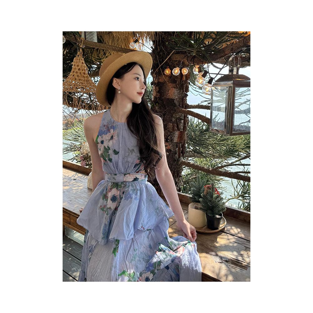 LOAMAR STUDIO Blue Halter Neck Backless Floral Top and Skirt Two Piece Set for Women Summer 2025 Sexy image 4
