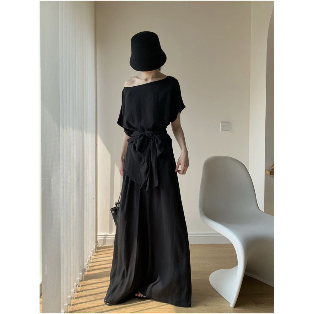 AoWen 2026 Summer Atmosphere Set Asymmetrical Off Shoulder Short Sleeve Tie Up Top Wide Leg Floor Length Pants image 4