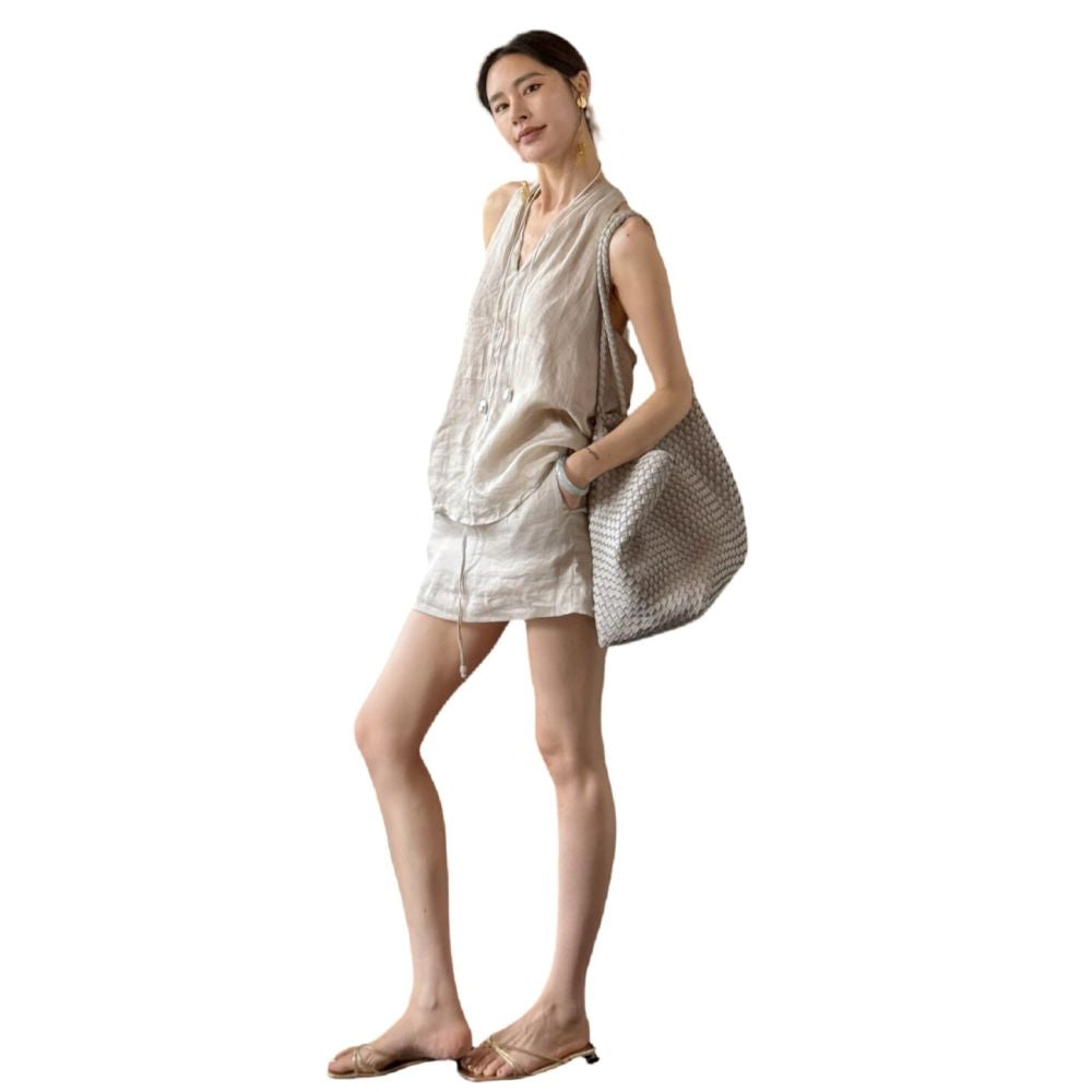 French style linen cotton vest set for women 2026 summer unique design exquisite suspender skirt two piece set image 4