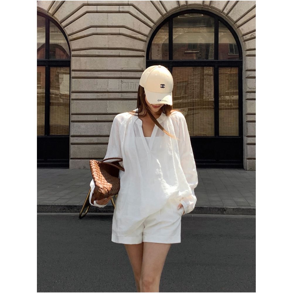 NEVA HU Old Money Style Ramie Long Sleeve Shirt Women s Summer Thin Loose V Neck Sun Protection Shirt Top and Shorts Set image 4