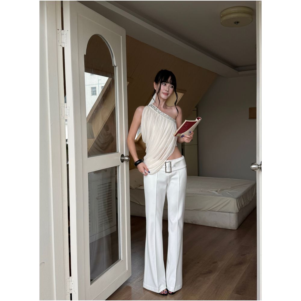 VENUIE elegant apricot colored pleated chiffon blouse short French style summer unique design off shoulder top image 2