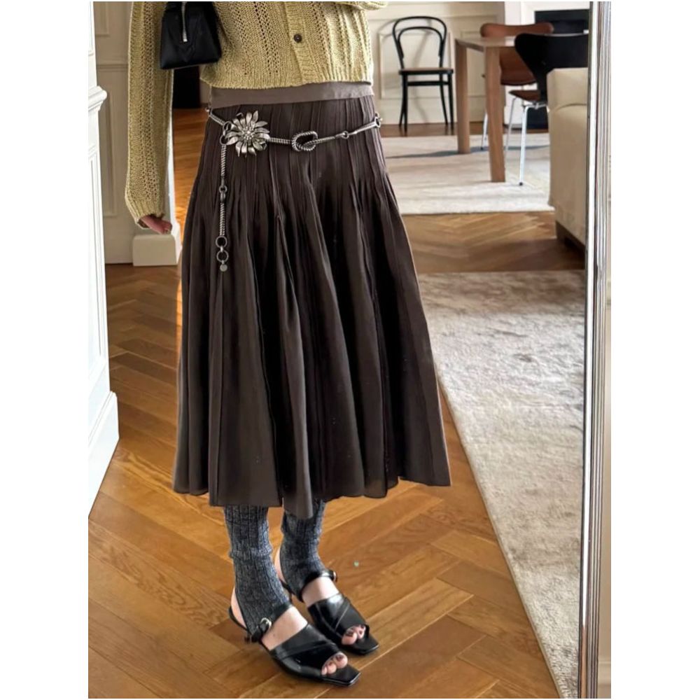 Sage pleated tuck A line midi skirt slimming A line style French retro versatile skirt for work women image 4