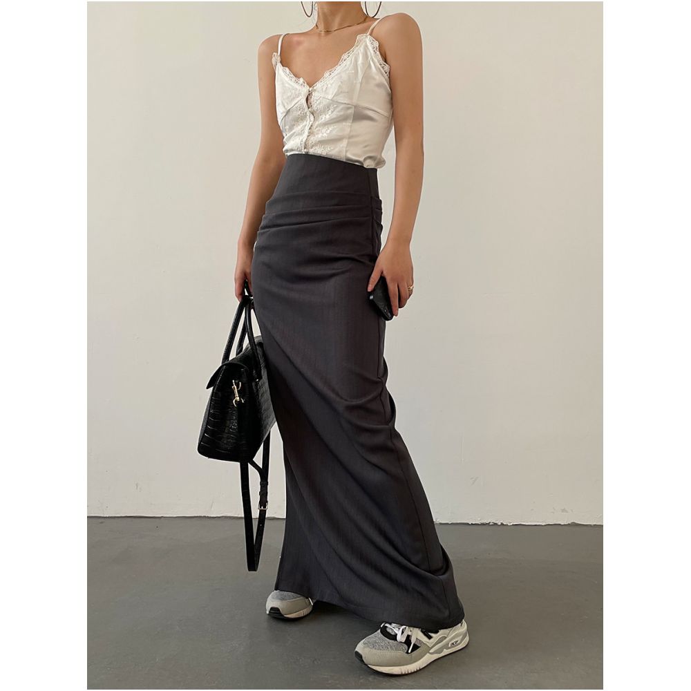 AcupStudio Jiang Youshang High waisted Pleated Slit Midi Skirt for Women Autumn Style Slimming A line Skirt image 4