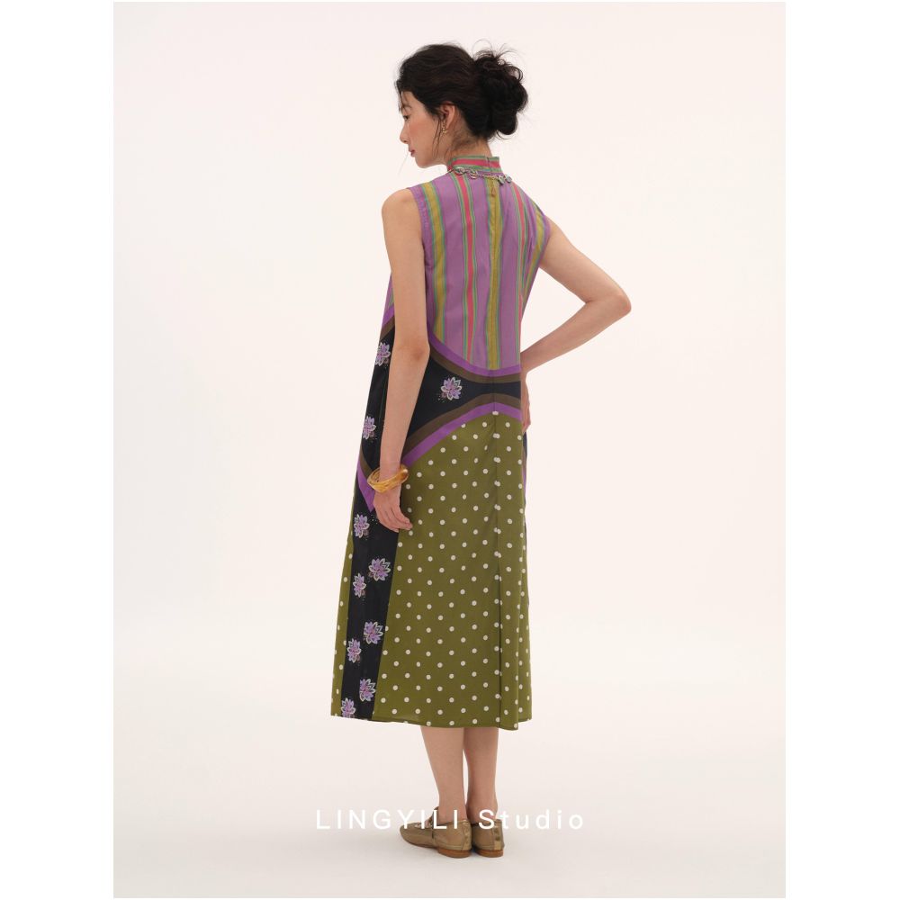 LINGYILI 2026 Summer Collection Original New Chinese Style Patchwork Print Casual Cheongsam image 4
