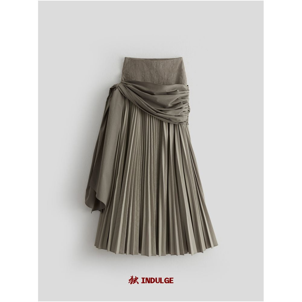 INDULGE Gong Shan A line midi skirt with a unique deconstructed design featuring an irregular wide waistband pleated details and tie up cinches image 4