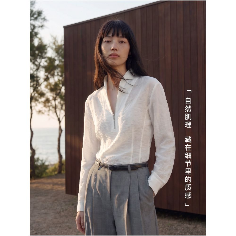 COMMON VALUE Cloud Slimming Spring Zen Inspired Collar Half Zipper Top Smart and Slim Fit White Shirt image 4