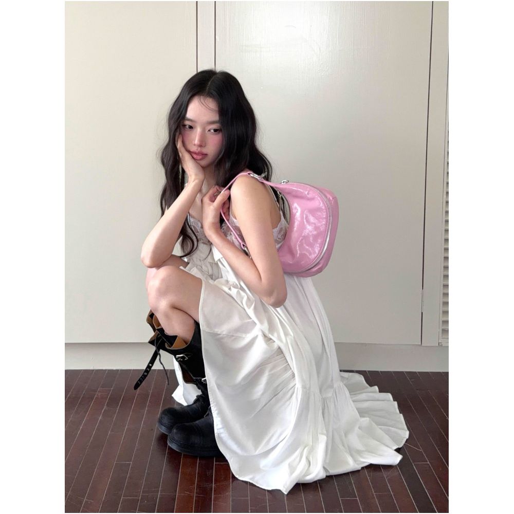Turn up Chen Tuier Light colored Freesia Korean Style Loose Lace Suspender Dress Versatile Mid length Dress image 2