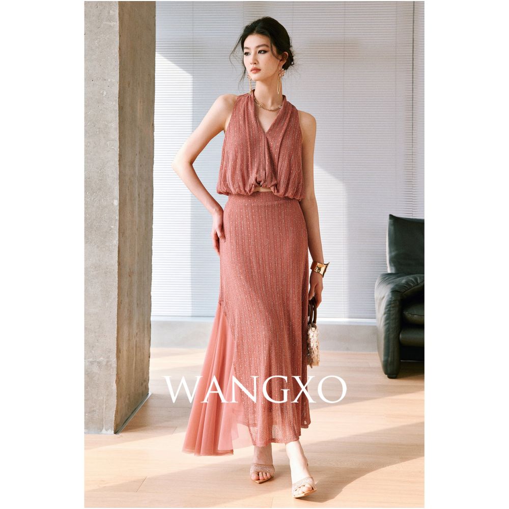 WANGXO Sparkling rhinestone floral knit top V neck vest top high waisted A line skirt image 4