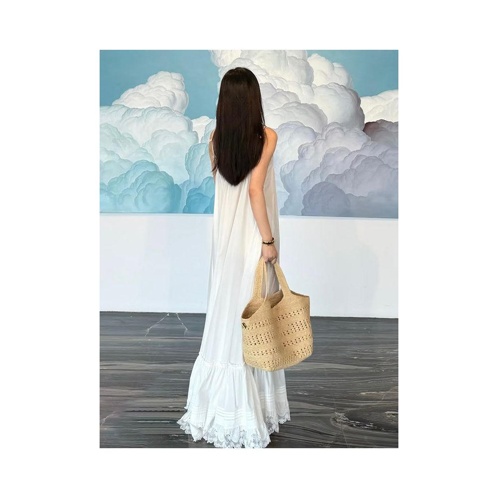 Erosi Resort Style Lace Trimmed Pleated Loose Fitting Slip Dress Summer French Chic Luxury Slimming A Line Dress Long image 2