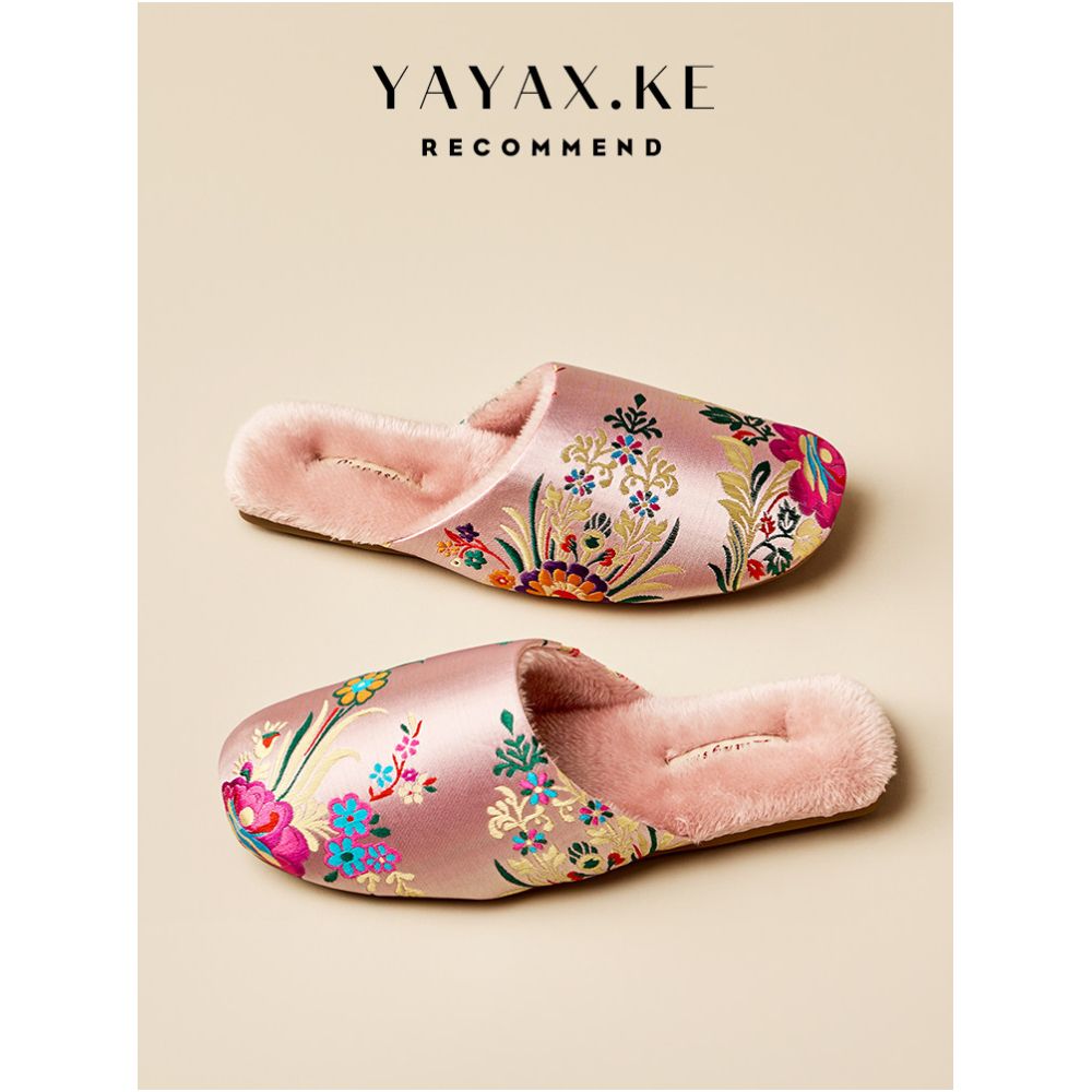 Women s embroidered silk cotton slippers for autumn and winter home indoor style Chinese ethnic style non slip plush warm slippers image 2