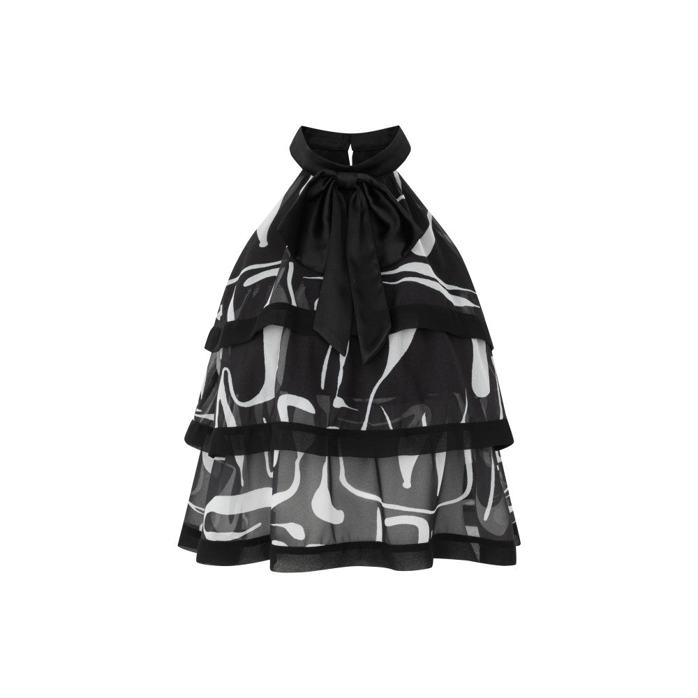 CHICYOU Black Bow Cake Chiffon Summer Sleeveless Hanging Neck Off Shoulder Little Fragrance Girl Retro Top image 6