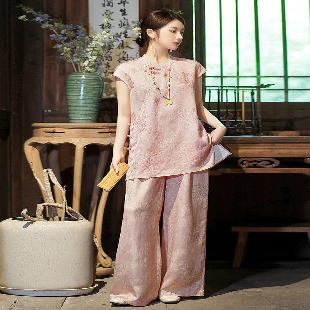 Seeking Fragrance New Chinese Style Woven Jacquard Top Wide Leg Pants Set for Women 2025 Summer New Two Piece Set image 0