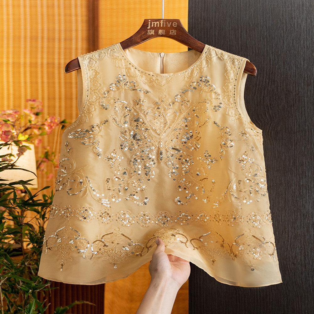 New Chinese style mulberry silk heavy industry sequined butterfly vest 2025 summer new product silk western style fashion shoulder image 3