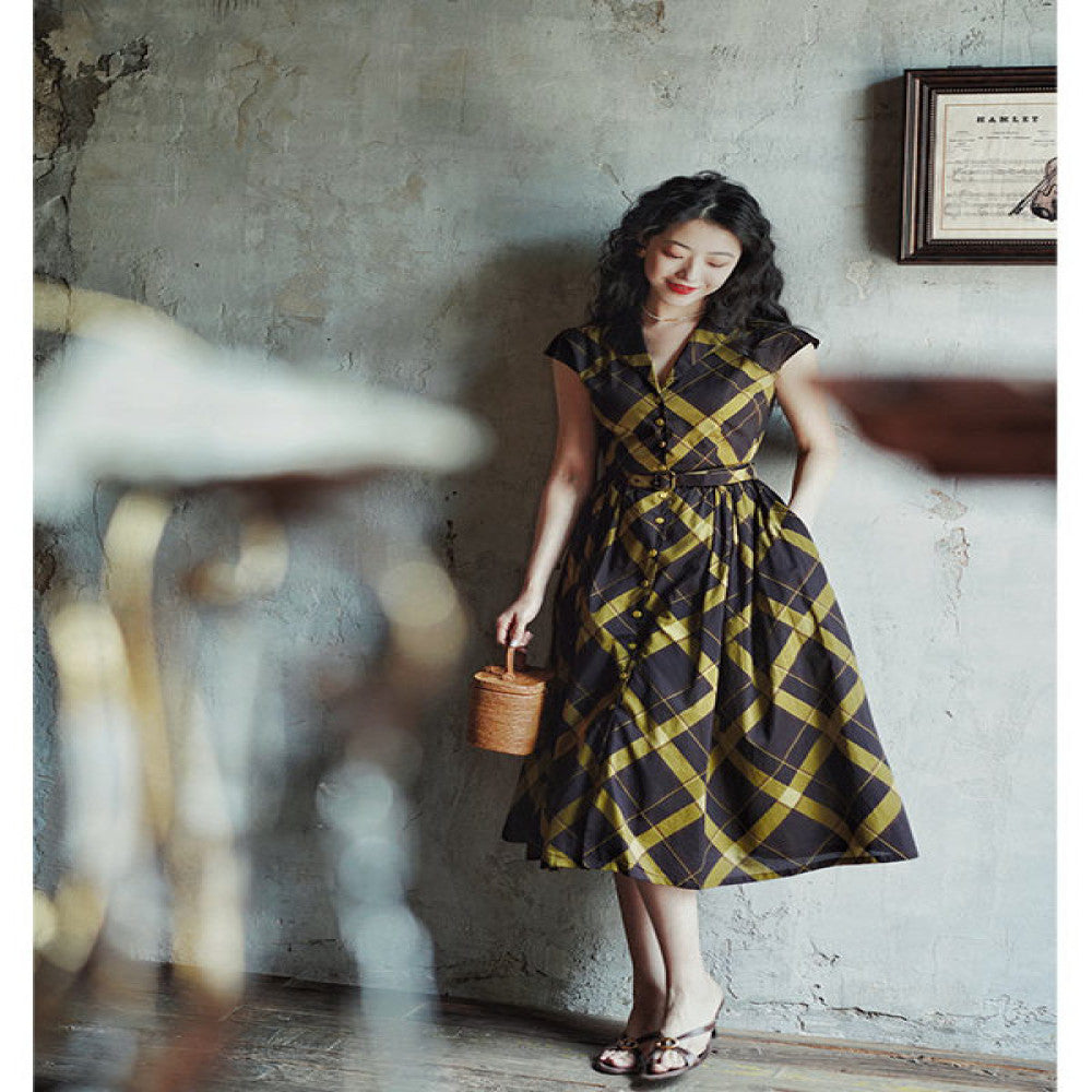 Chings French retro V neck hazelnut coffee color avocado green contrasting Hepburn style high waisted A line large skirt image 0