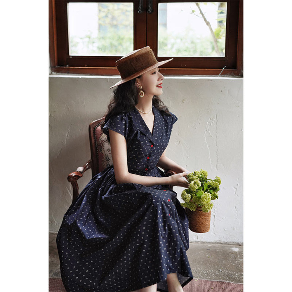 Chings French retro V neck hazelnut coffee color avocado green contrasting Hepburn style high waisted A line large skirt image 16