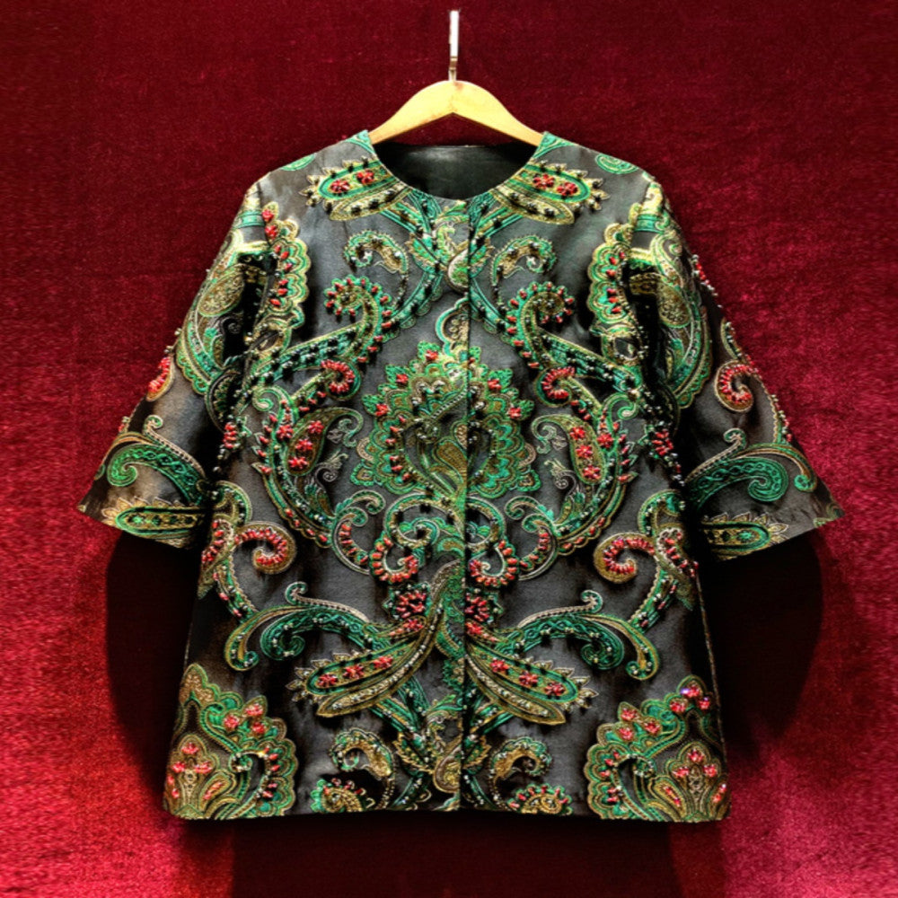 High end heavy industry nail bead high end light luxury jacquard embroidery medium long jacket coat top mother style western style image 1